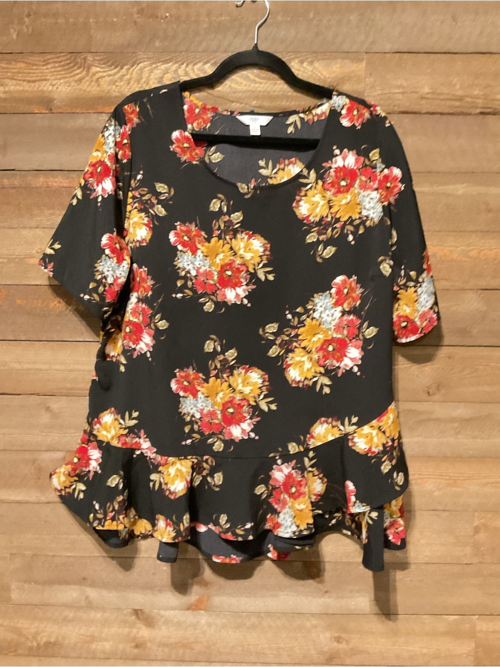 Time And Tru Black Maroon Mustard Floral Short Sleeve Top Women’s Size XL